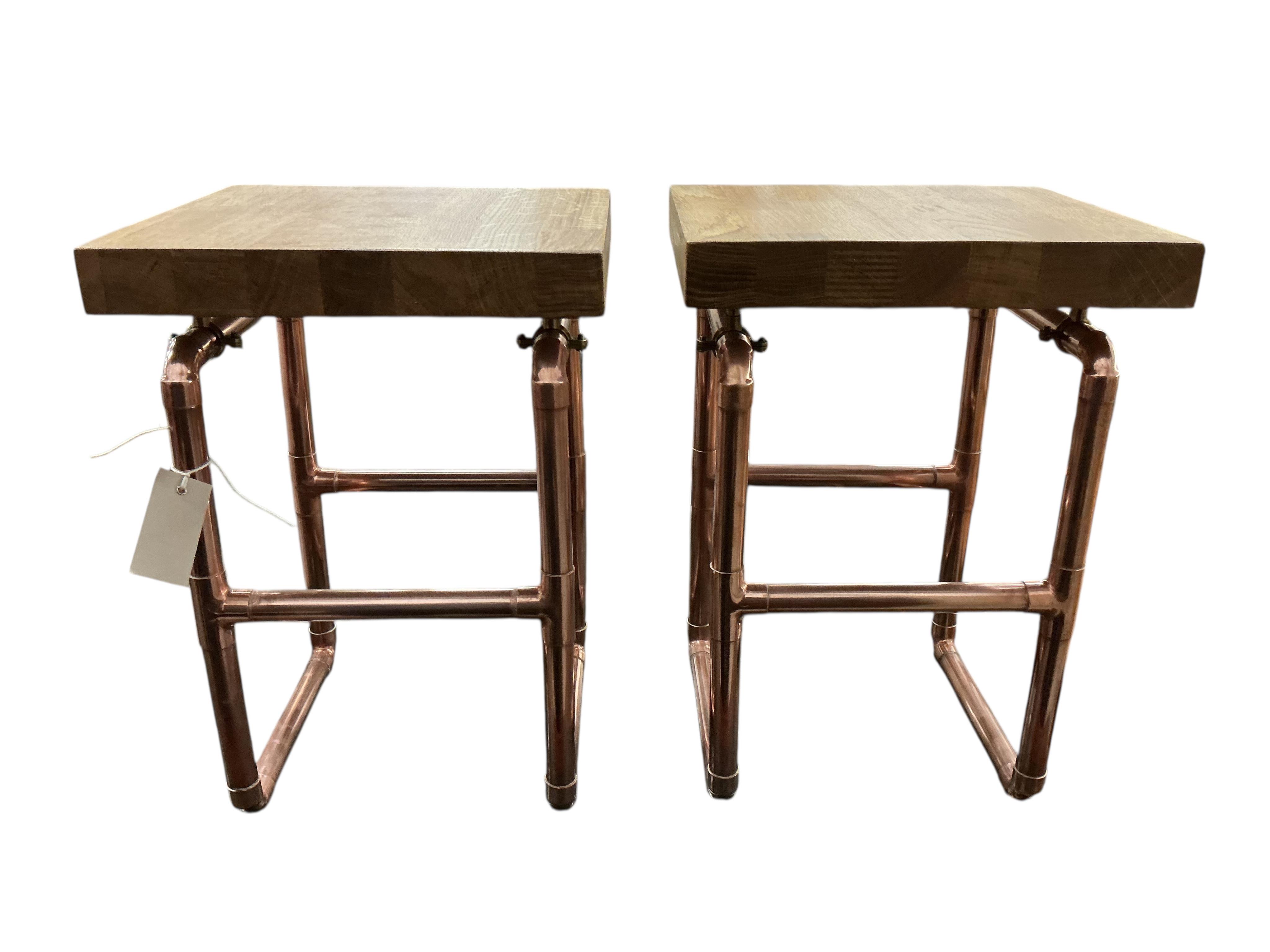 A pair of contemporary Industrial style oak and tubular copper occasional tables, width 38cm, depth 28cm, height 44cm